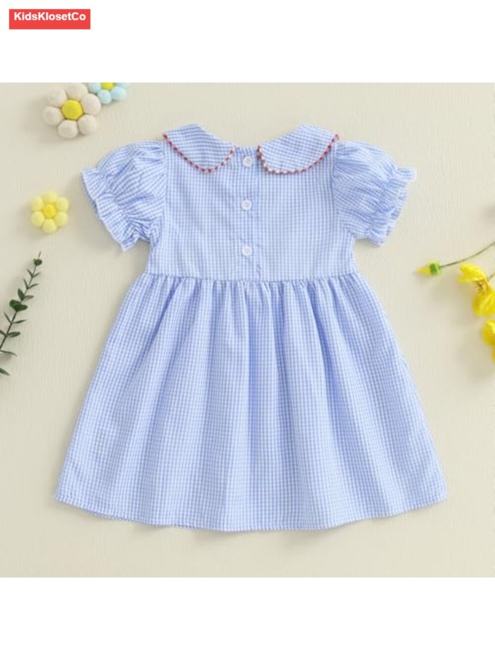 Toddler Girl Back to School Dress Plaid Embroidery Puff Sleeve Smocked - Picture 5 of 6